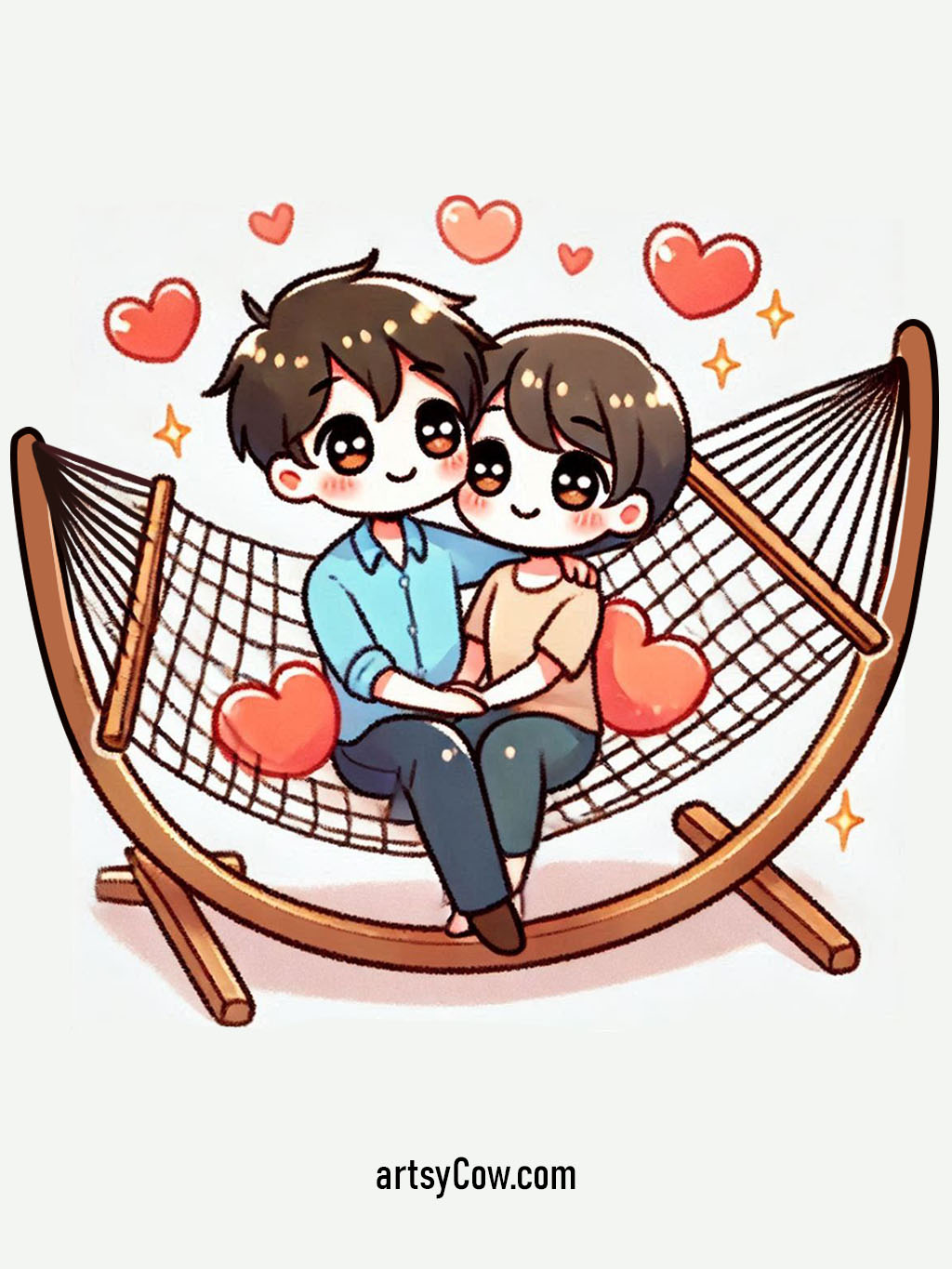 valentines drawings with couple sitting in a heart-shaped hammock surrounded by hearts.